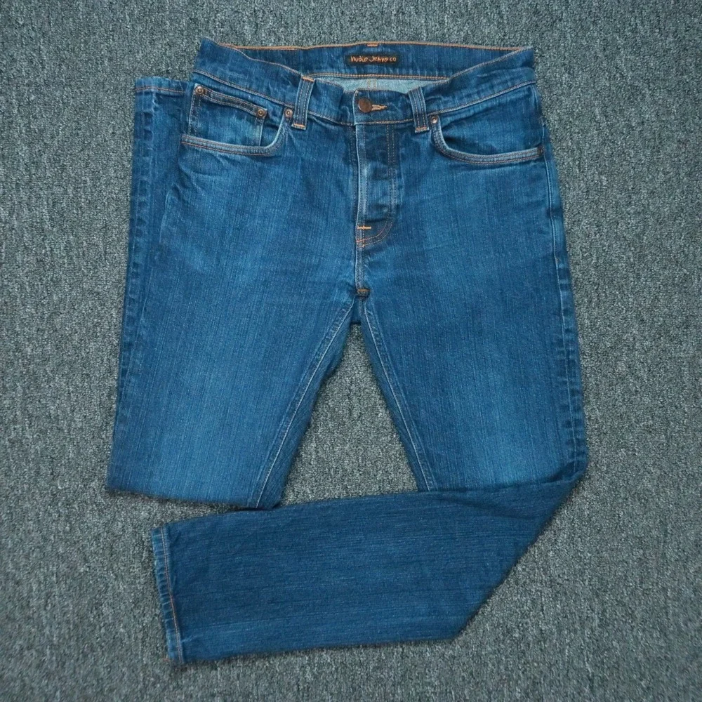 Nudie Jeans Mens 30x30 Blue Grim Tim Dry Open Navy Button Fly 5 Pocket